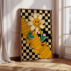 Retro Checkerboard Daisy Art Print | Groovy Wall Decor